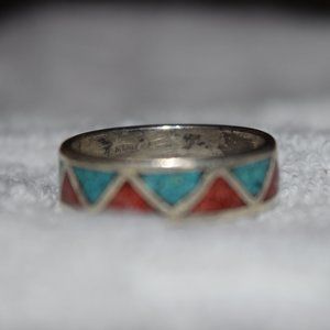 Turquoise and Coral Silver Ring Band